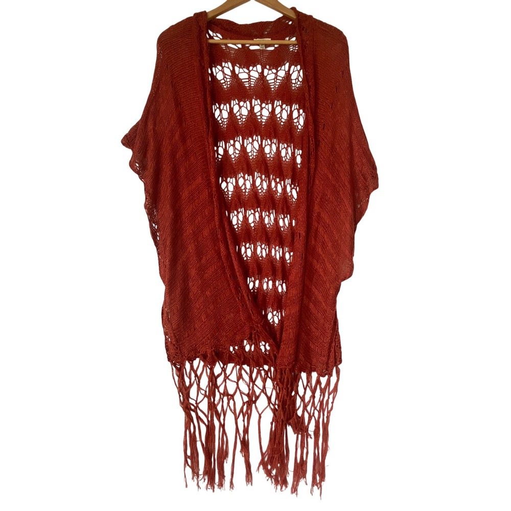 Kori America Boho Rust Orange Crochet Knit Fringe Midi Kimono‎ Vest Cardigan S M